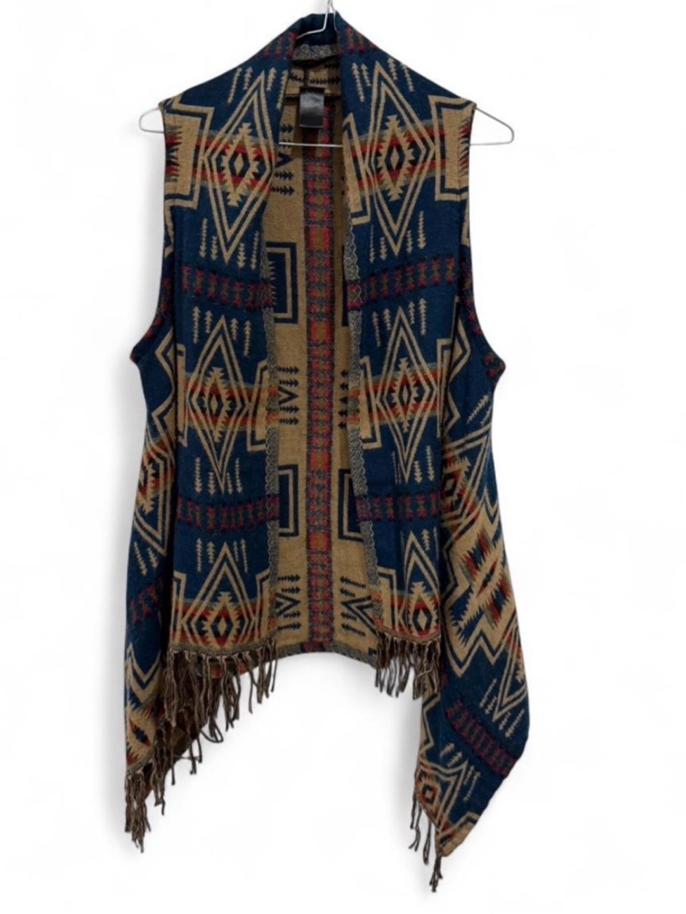 Southwestern Fringe Open Front Vest - Navy & Tan